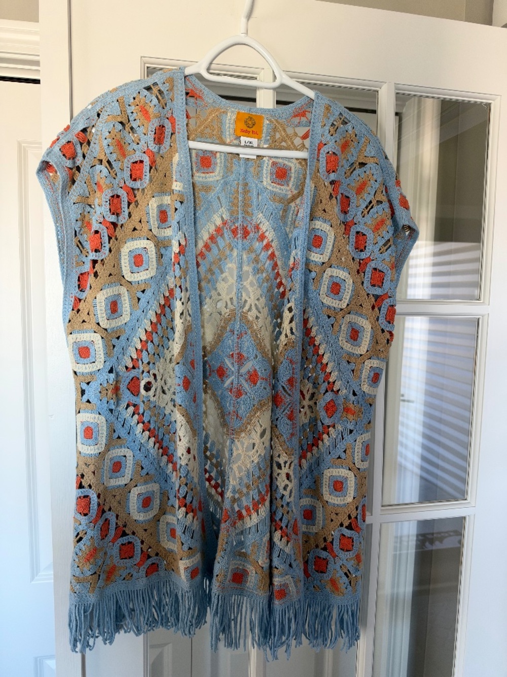 Ruby Rd crocheted vest. Orange, ivory, tan and blue. L/XL